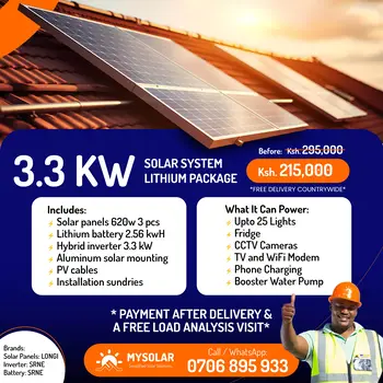MySolar Limited 3.3kw system package in Kenya with 3.3kw SRNE inverter and 2.56kwh SRNE lithium battery. Top solar solutions provider in Kenya.