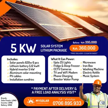 MySolar Limited 5kw system package in Kenya with 5kw SRNE inverter and 5.12kwh SRNE lithium battery. Top solar solutions provider in Kenya.