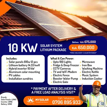 MySolar Limited 10kw system package in Kenya with 10kw SRNE inverter and 14kwh SRNE lithium battery. Top solar solutions provider in Kenya.